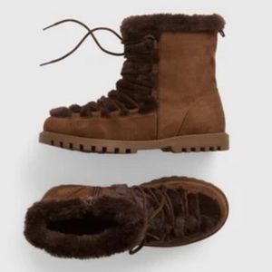 Gap Kids Girls Cozy Faux Fur Trim Lace Up Side Zip Winter Boots, Brown Size 2